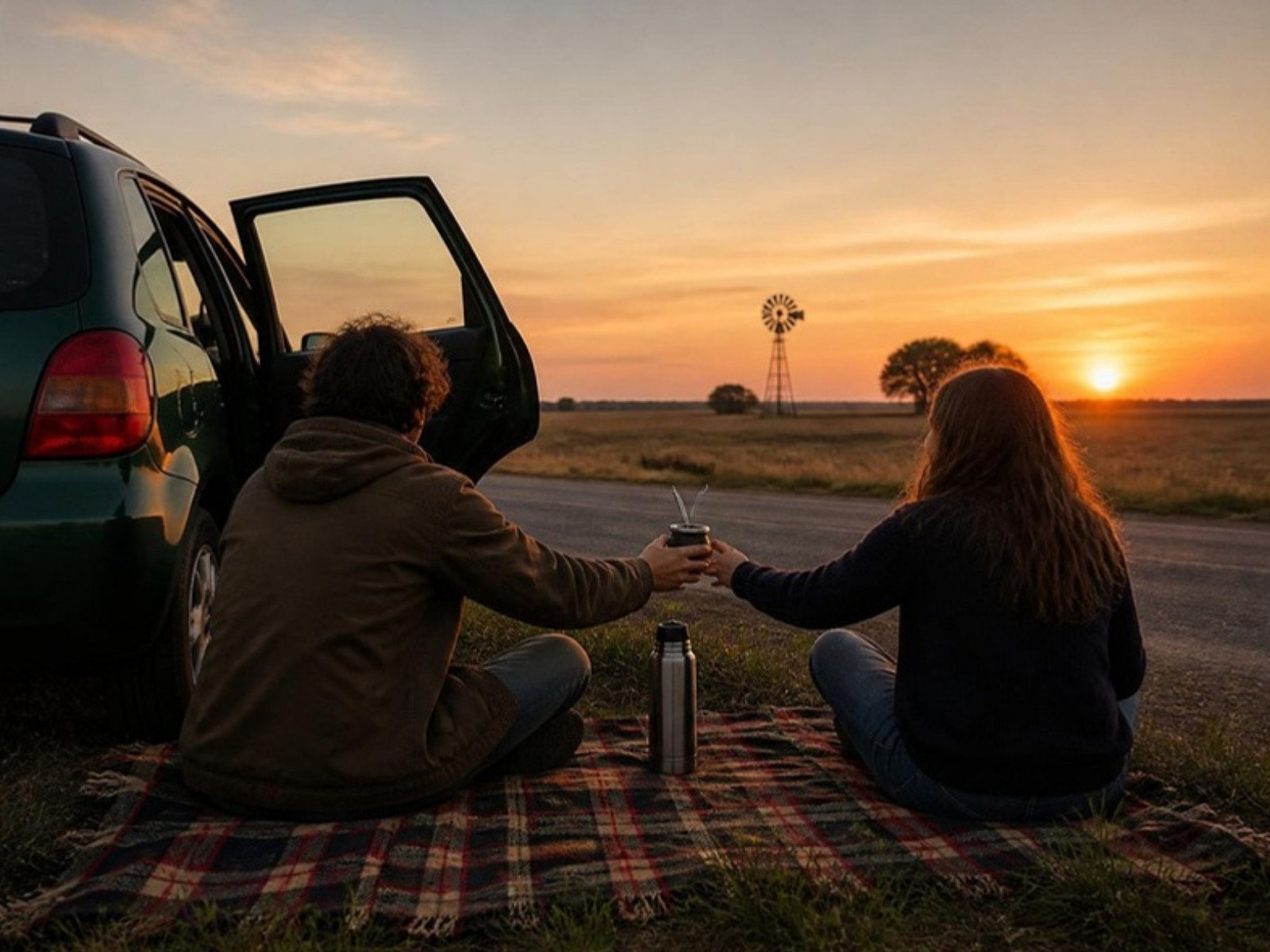 Dos personas comparten un mate sobre una manta junto al auto, al atardecer en el campo